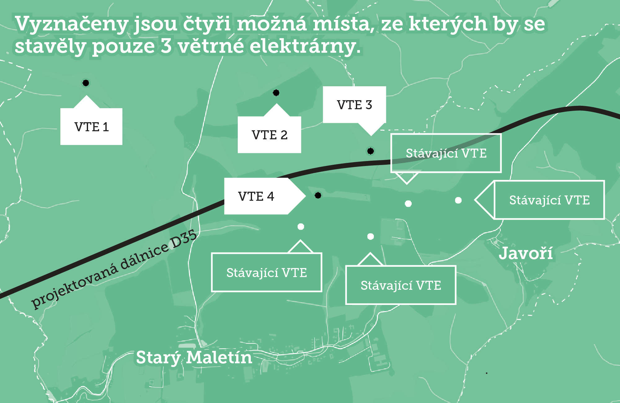 Mapa možného umístění větrných elektráren u Maletína